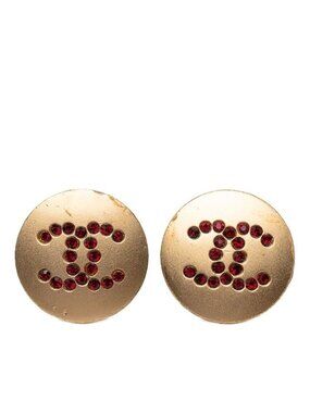 Chanel CC Logo Stud Earrings Gold Red Plated Color Stone